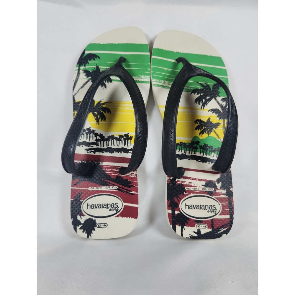 Havaianas Surf Mens Flip Flops US 10/11 Beach Palm Tree Sandals Black Strap NWOT